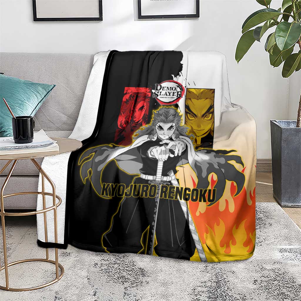 Kyojuro Rengoku from Demon Slayer Blanket with Black and White Split Design and Fiery Manga Panel Background - The Mazicc