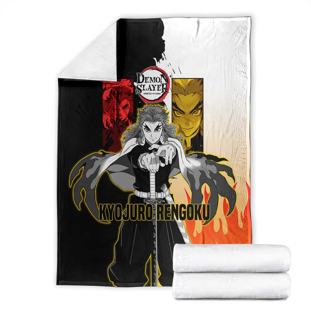 Kyojuro Rengoku from Demon Slayer Blanket with Black and White Split Design and Fiery Manga Panel Background - The Mazicc