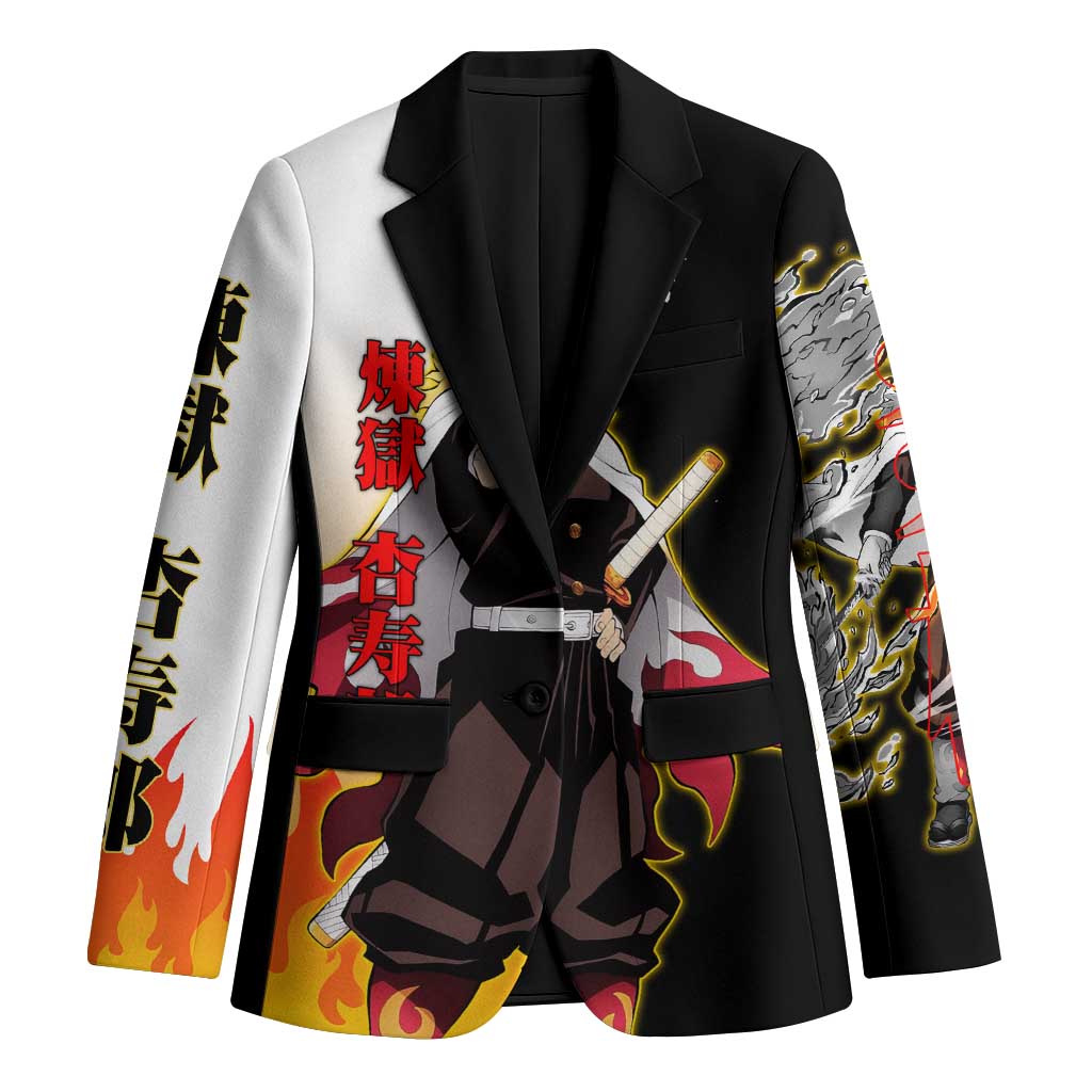 Kyojuro Rengoku from Demon Slayer Blazer with Black and White Split Design and Fiery Manga Panel Background - The Mazicc