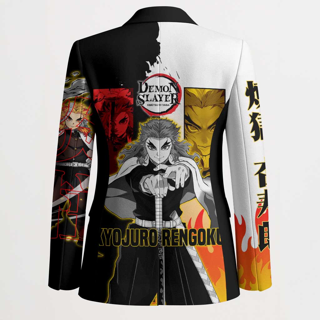 Kyojuro Rengoku from Demon Slayer Blazer with Black and White Split Design and Fiery Manga Panel Background - The Mazicc
