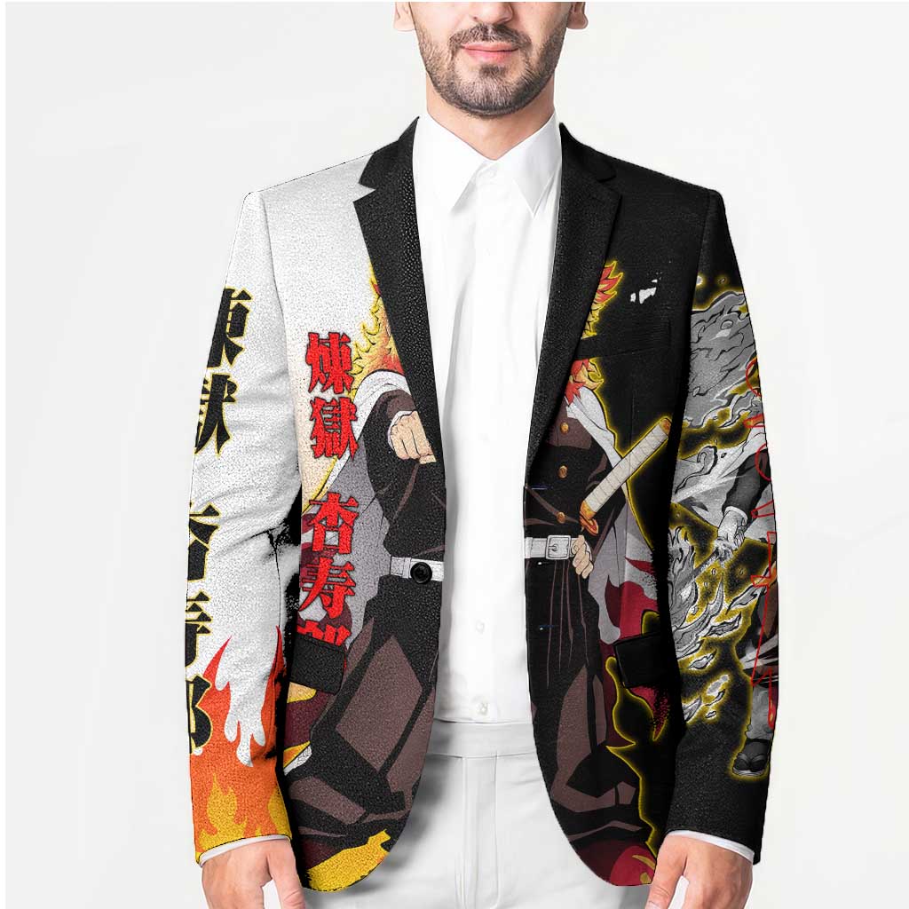 Kyojuro Rengoku from Demon Slayer Blazer with Black and White Split Design and Fiery Manga Panel Background - The Mazicc