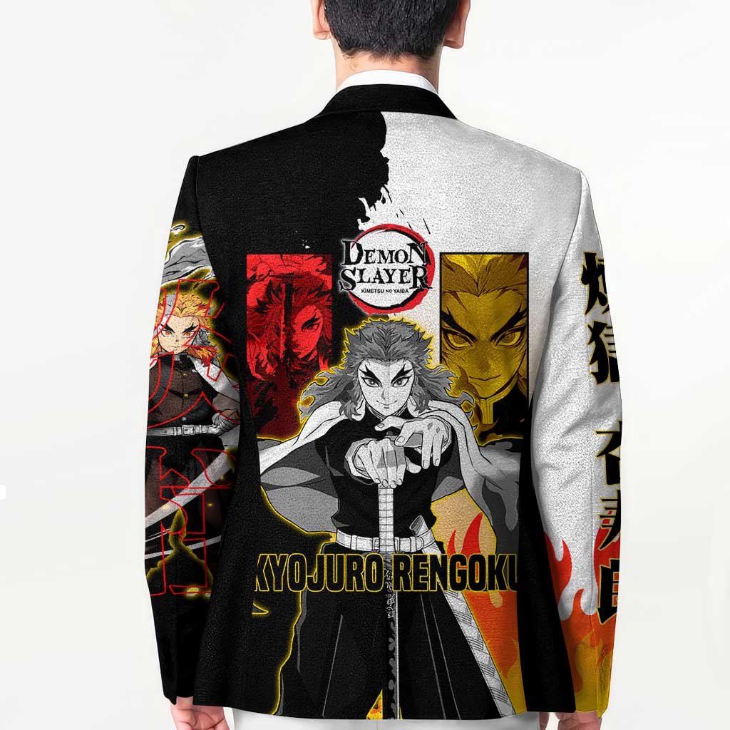 Kyojuro Rengoku from Demon Slayer Blazer with Black and White Split Design and Fiery Manga Panel Background - The Mazicc