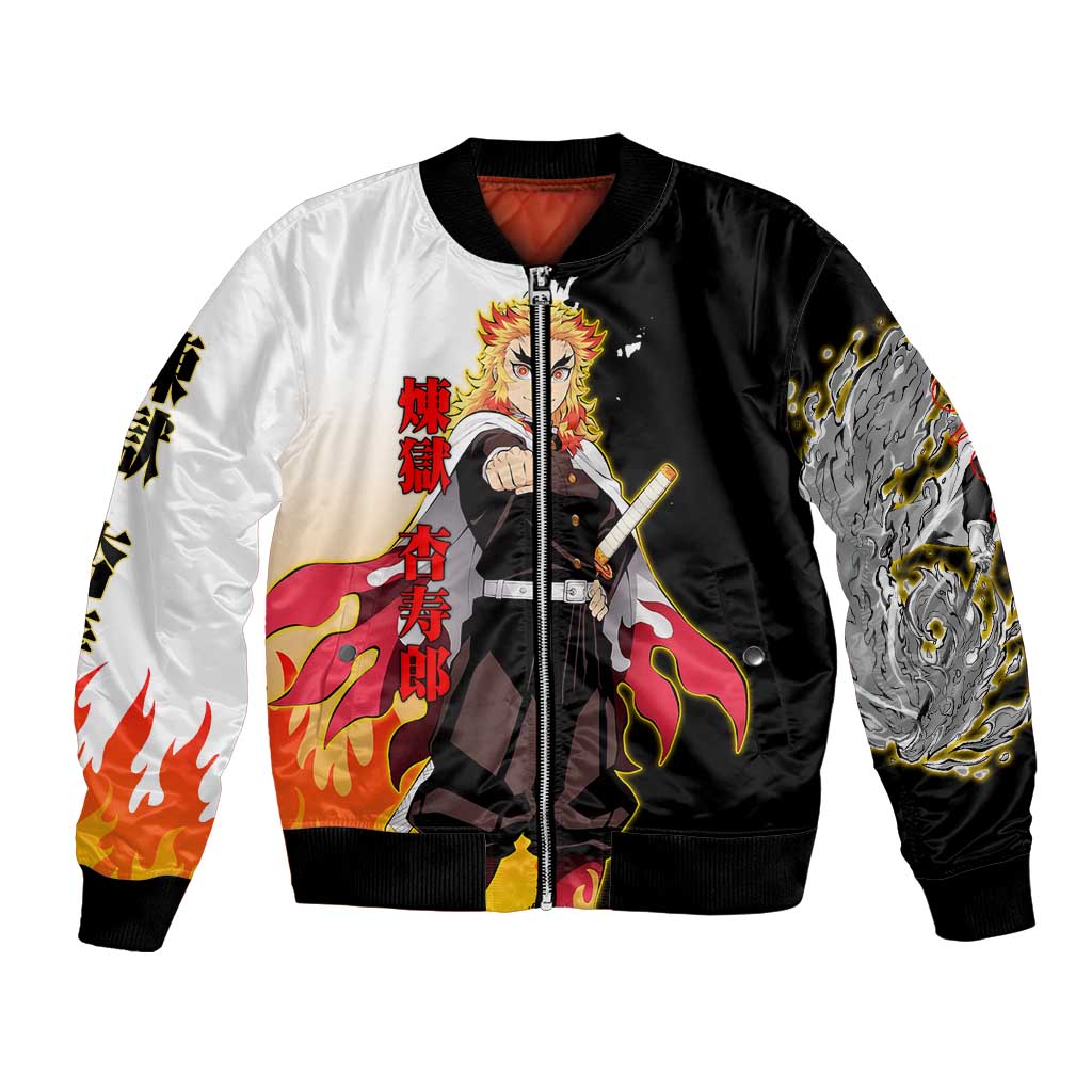 Kyojuro Rengoku from Demon Slayer Bomber Jacket with Black and White Split Design and Fiery Manga Panel Background - The Mazicc