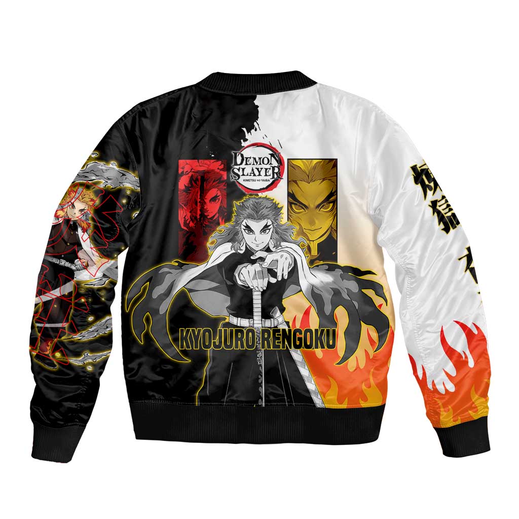 Kyojuro Rengoku from Demon Slayer Bomber Jacket with Black and White Split Design and Fiery Manga Panel Background - The Mazicc