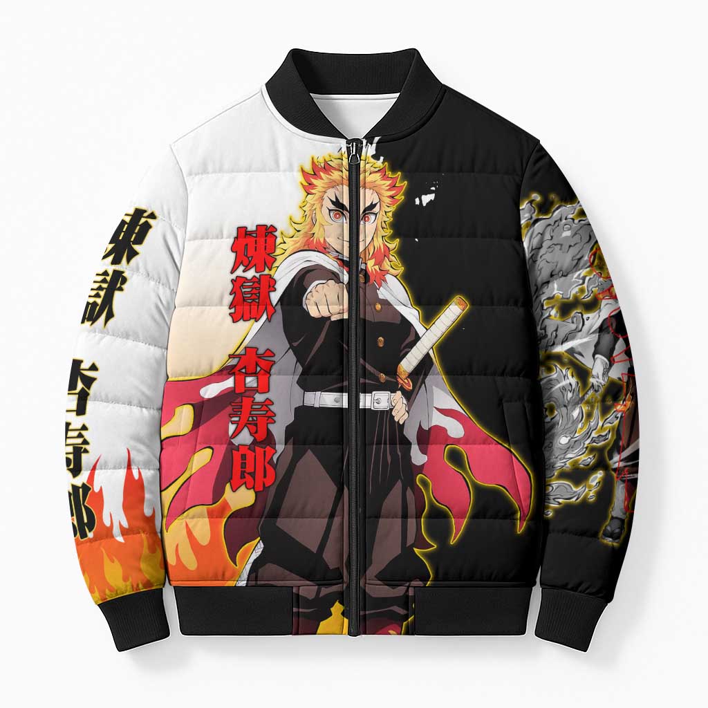 Kyojuro Rengoku from Demon Slayer Bomber Puffer Jacket with Black and White Split Design and Fiery Manga Panel Background - The Mazicc