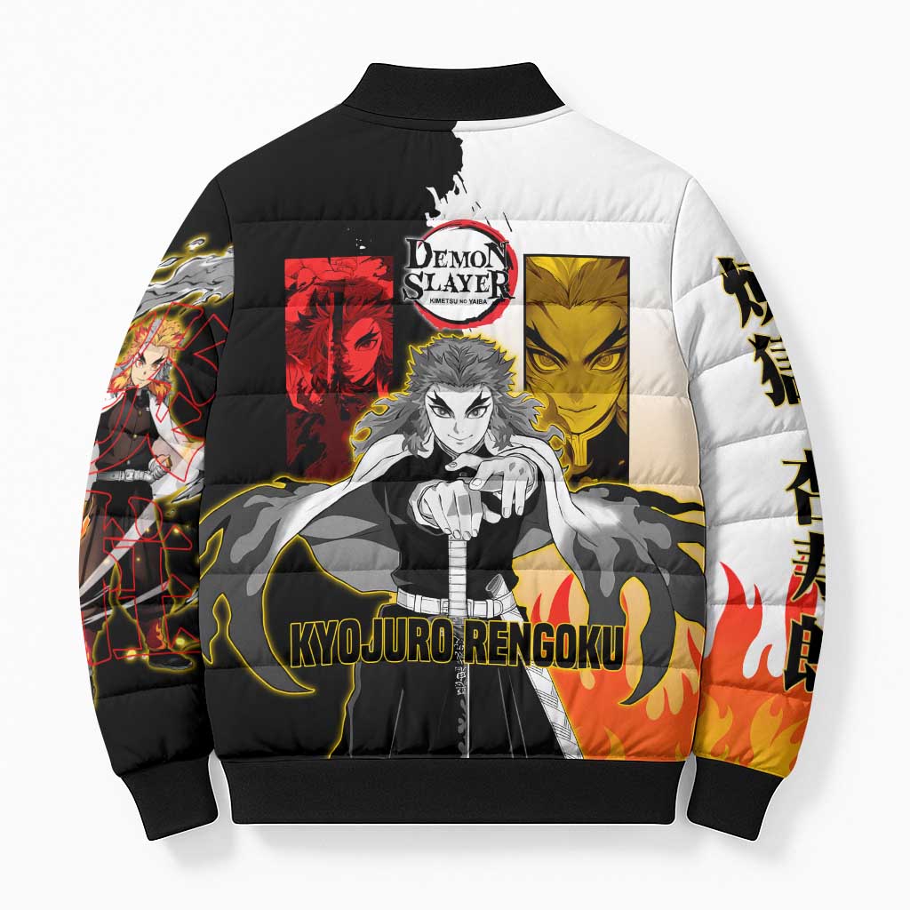 Kyojuro Rengoku from Demon Slayer Bomber Puffer Jacket with Black and White Split Design and Fiery Manga Panel Background - The Mazicc