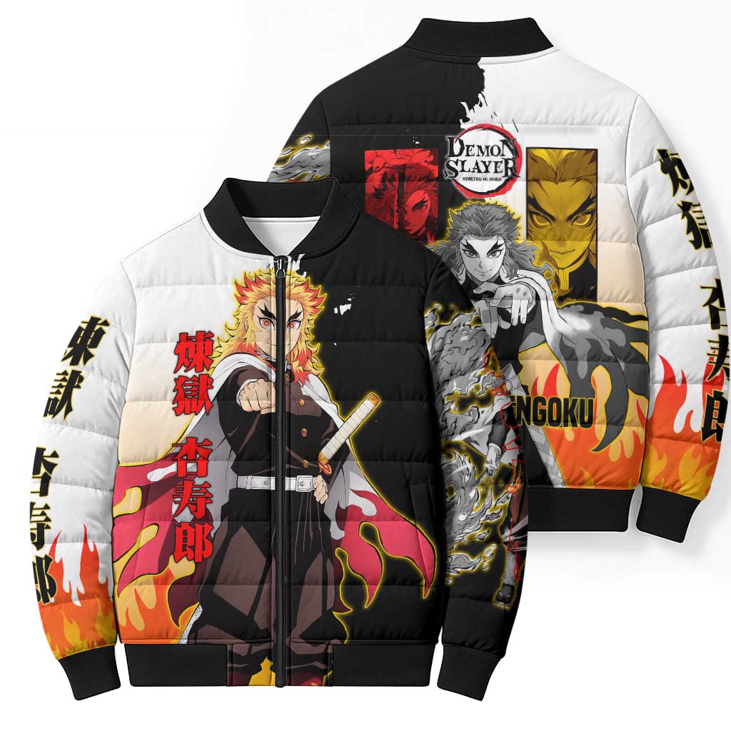 Kyojuro Rengoku from Demon Slayer Bomber Puffer Jacket with Black and White Split Design and Fiery Manga Panel Background - The Mazicc