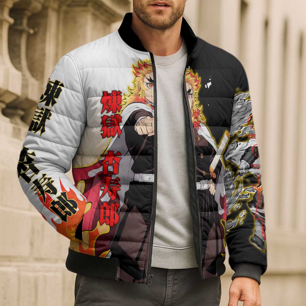 Kyojuro Rengoku from Demon Slayer Bomber Puffer Jacket with Black and White Split Design and Fiery Manga Panel Background - The Mazicc