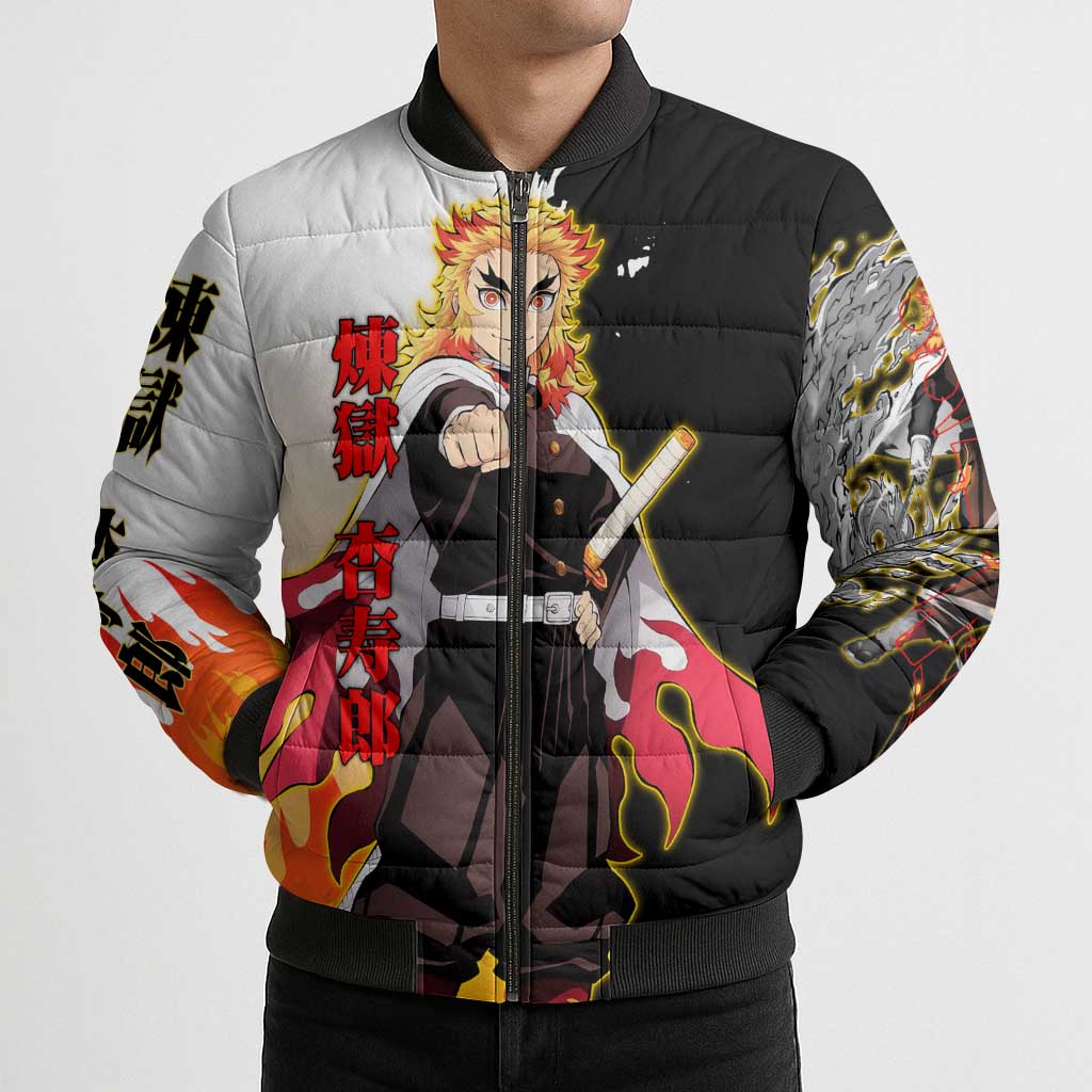 Kyojuro Rengoku from Demon Slayer Bomber Puffer Jacket with Black and White Split Design and Fiery Manga Panel Background - The Mazicc