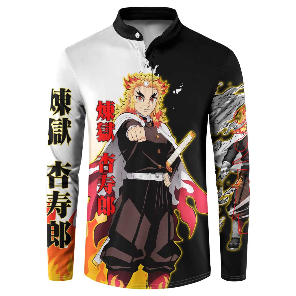 Kyojuro Rengoku from Demon Slayer Button Sweatshirt with Black and White Split Design and Fiery Manga Panel Background - The Mazicc