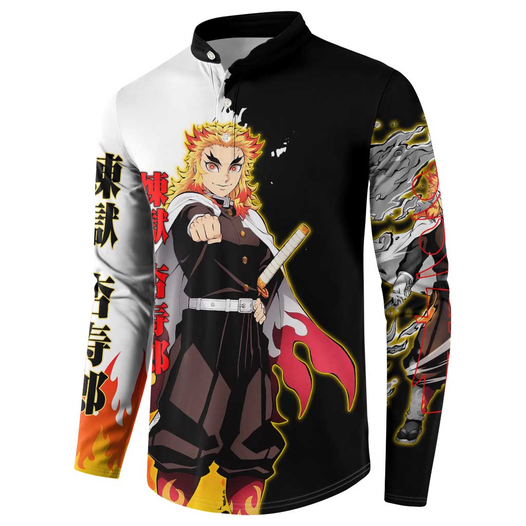 Kyojuro Rengoku from Demon Slayer Button Sweatshirt with Black and White Split Design and Fiery Manga Panel Background - The Mazicc