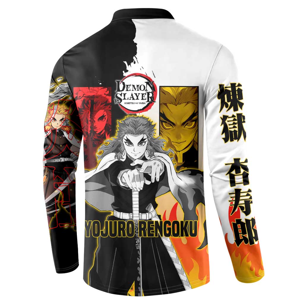 Kyojuro Rengoku from Demon Slayer Button Sweatshirt with Black and White Split Design and Fiery Manga Panel Background - The Mazicc