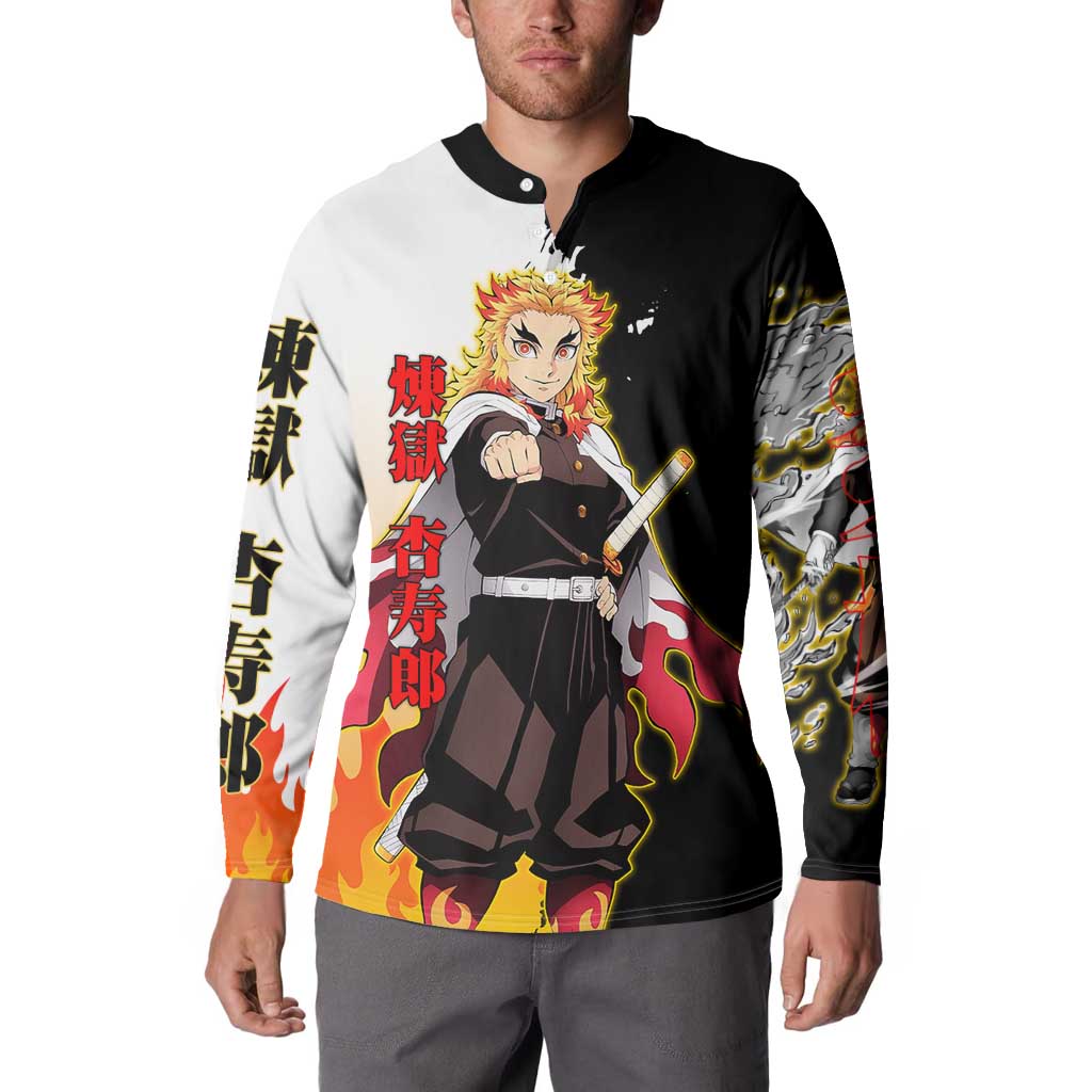 Kyojuro Rengoku from Demon Slayer Button Sweatshirt with Black and White Split Design and Fiery Manga Panel Background - The Mazicc