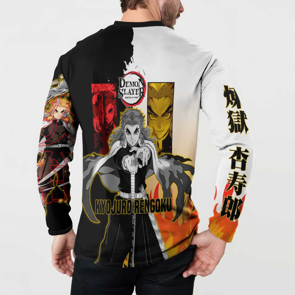 Kyojuro Rengoku from Demon Slayer Button Sweatshirt with Black and White Split Design and Fiery Manga Panel Background - The Mazicc
