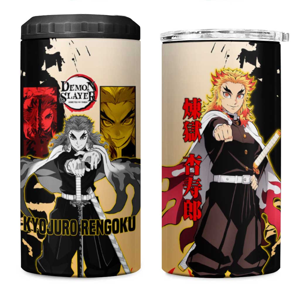 Kyojuro Rengoku from Demon Slayer 4 in 1 Can Cooler Tumbler with Black and White Split Design and Fiery Manga Panel Background - The Mazicc