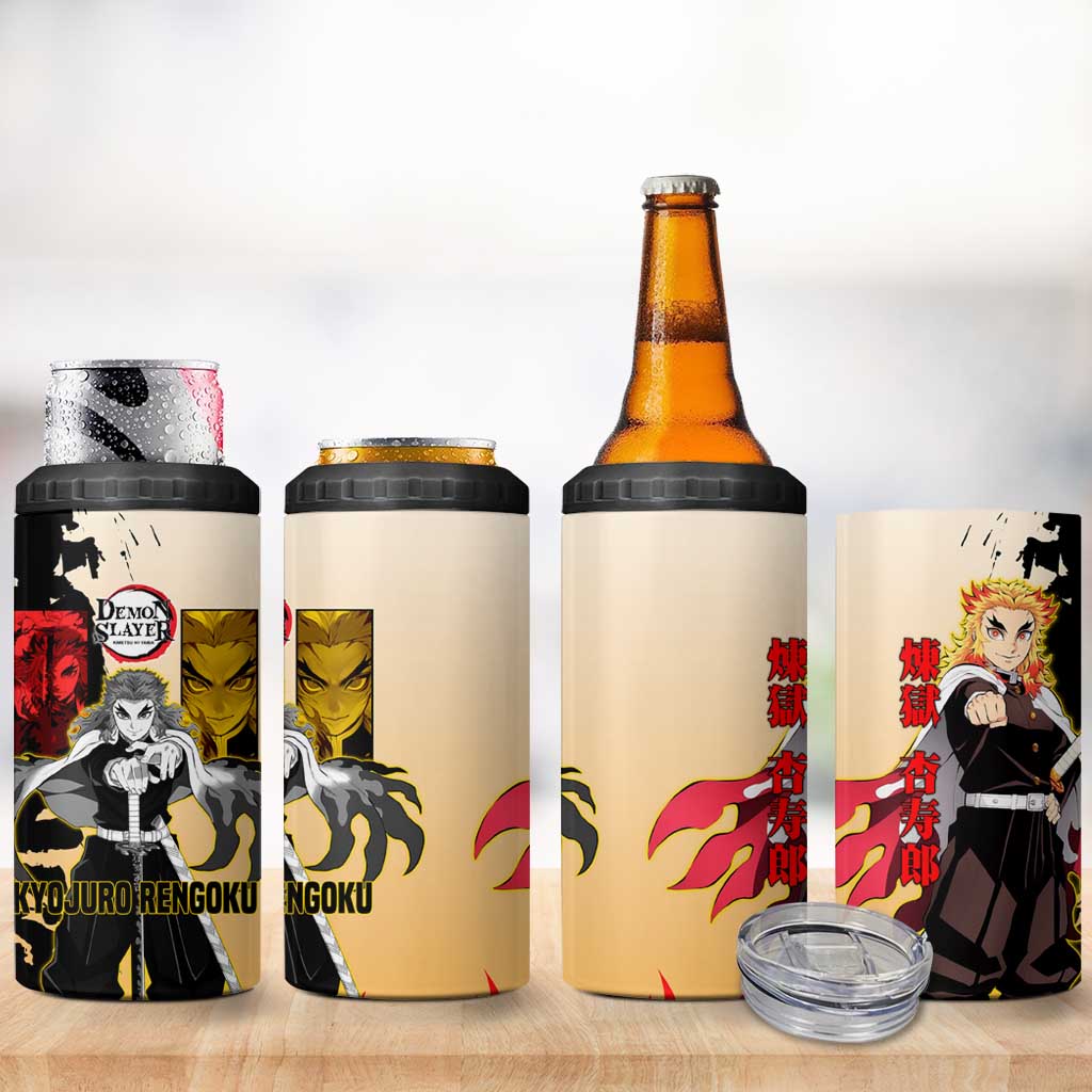 Kyojuro Rengoku from Demon Slayer 4 in 1 Can Cooler Tumbler with Black and White Split Design and Fiery Manga Panel Background - The Mazicc