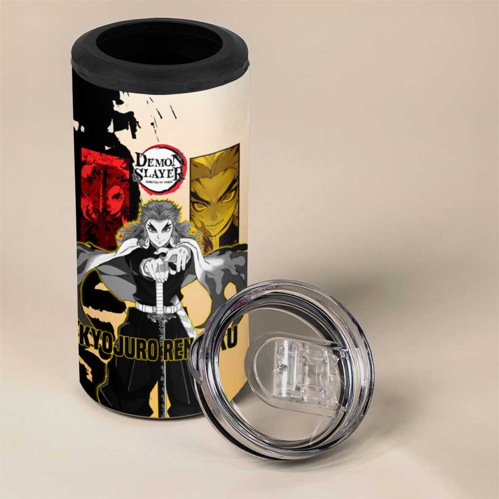 Kyojuro Rengoku from Demon Slayer 4 in 1 Can Cooler Tumbler with Black and White Split Design and Fiery Manga Panel Background - The Mazicc