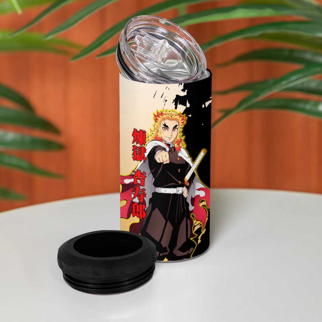 Kyojuro Rengoku from Demon Slayer 4 in 1 Can Cooler Tumbler with Black and White Split Design and Fiery Manga Panel Background - The Mazicc