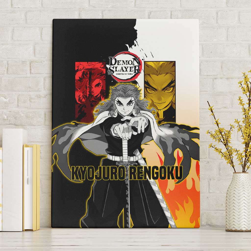 Kyojuro Rengoku from Demon Slayer Canvas Wall Art with Black and White Split Design and Fiery Manga Panel Background - The Mazicc