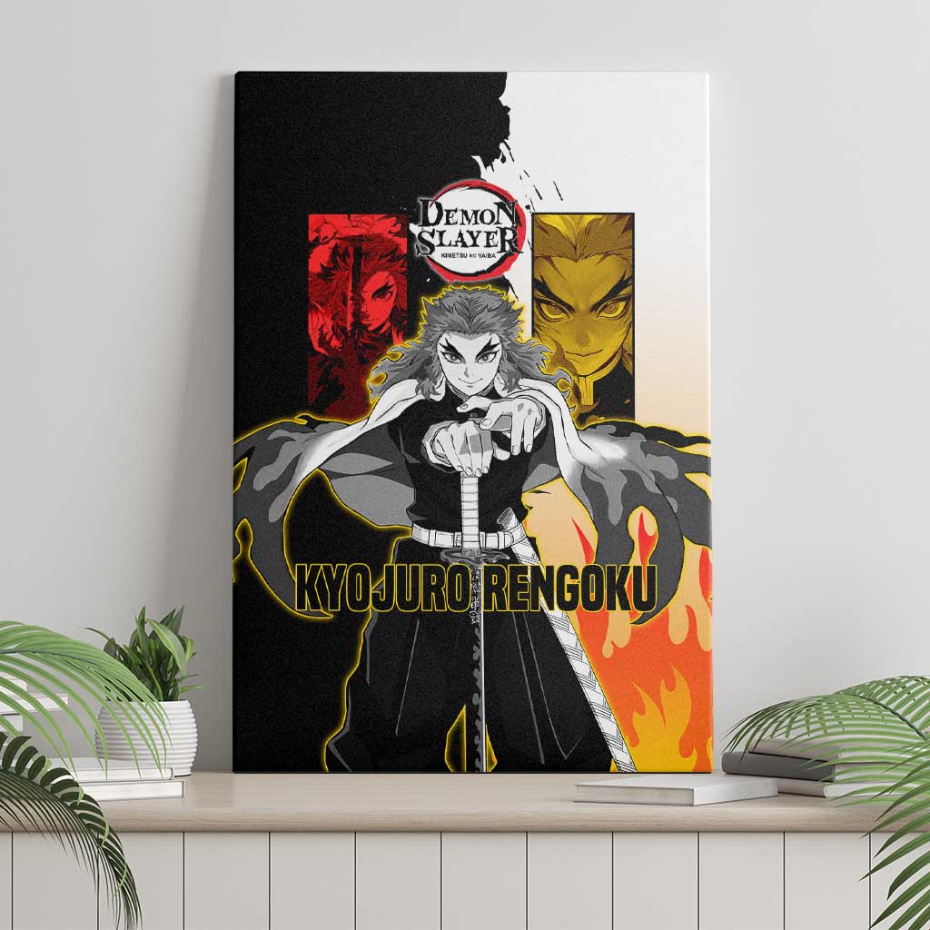 Kyojuro Rengoku from Demon Slayer Canvas Wall Art with Black and White Split Design and Fiery Manga Panel Background - The Mazicc