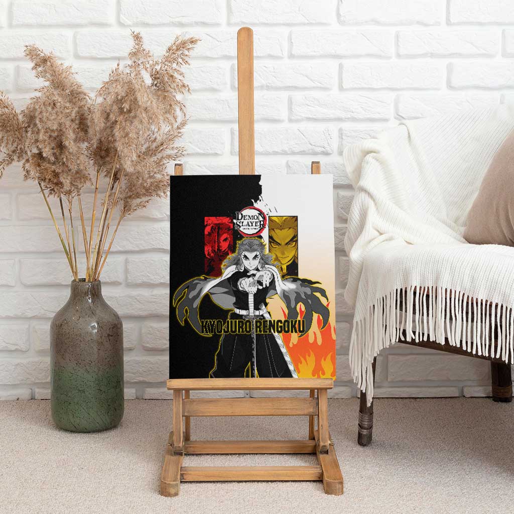 Kyojuro Rengoku from Demon Slayer Canvas Wall Art with Black and White Split Design and Fiery Manga Panel Background - The Mazicc