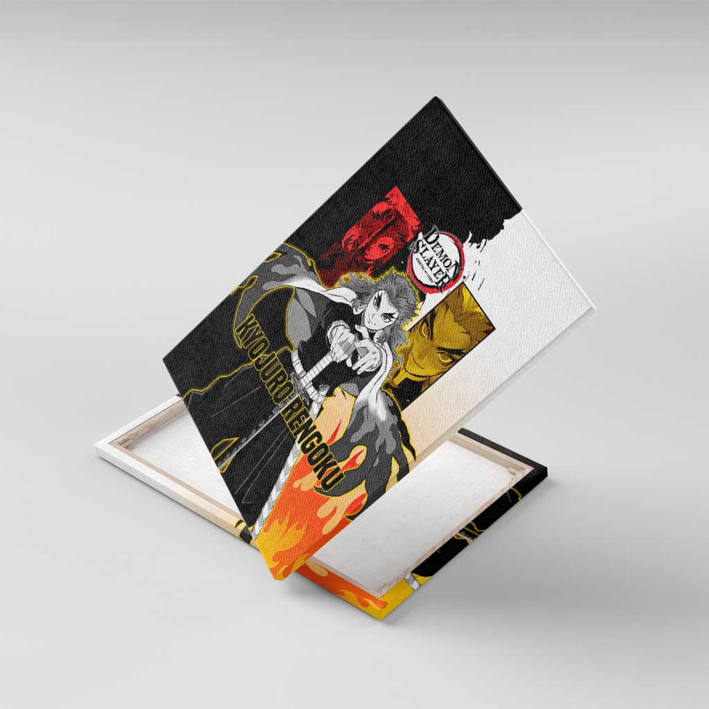 Kyojuro Rengoku from Demon Slayer Canvas Wall Art with Black and White Split Design and Fiery Manga Panel Background - The Mazicc