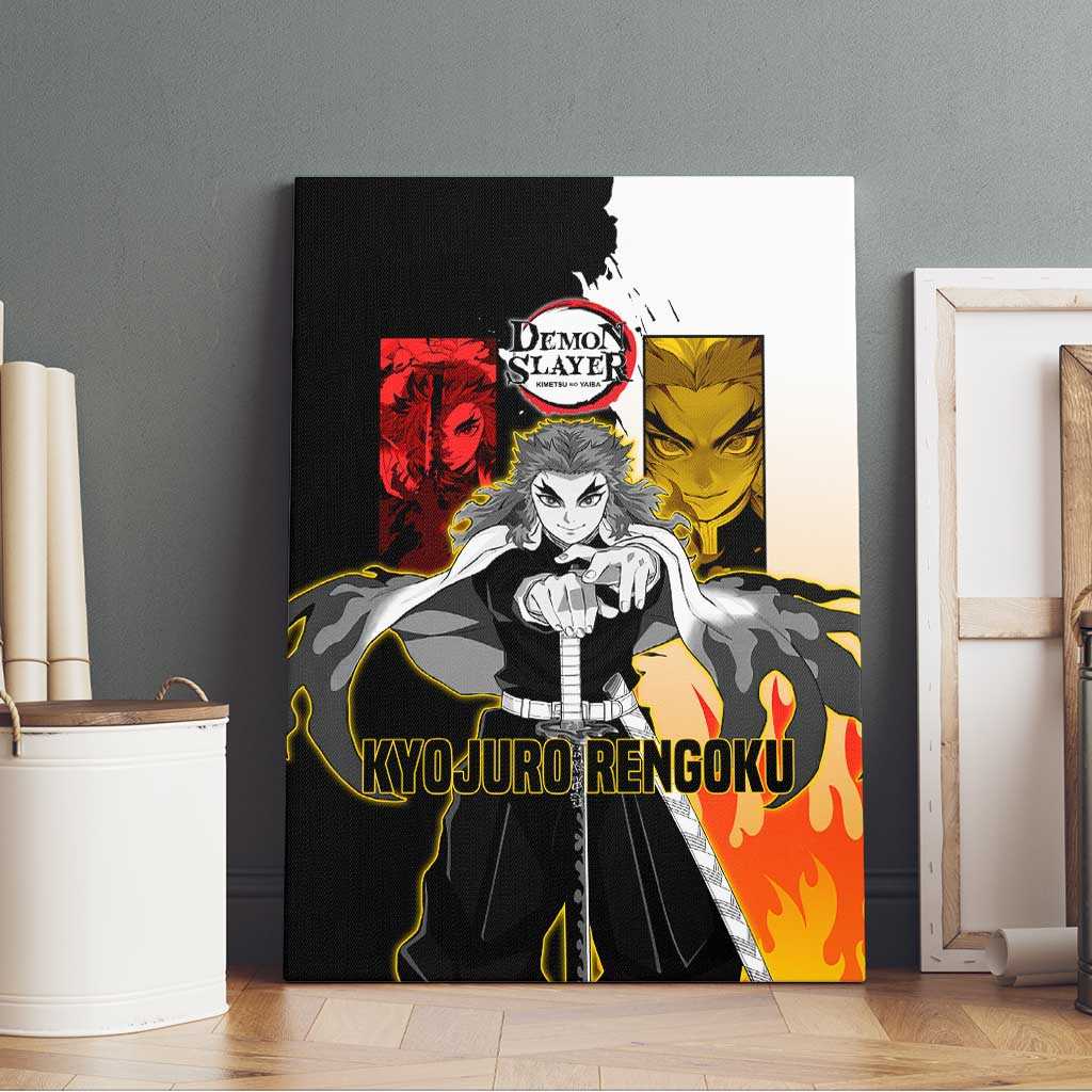 Kyojuro Rengoku from Demon Slayer Canvas Wall Art with Black and White Split Design and Fiery Manga Panel Background - The Mazicc