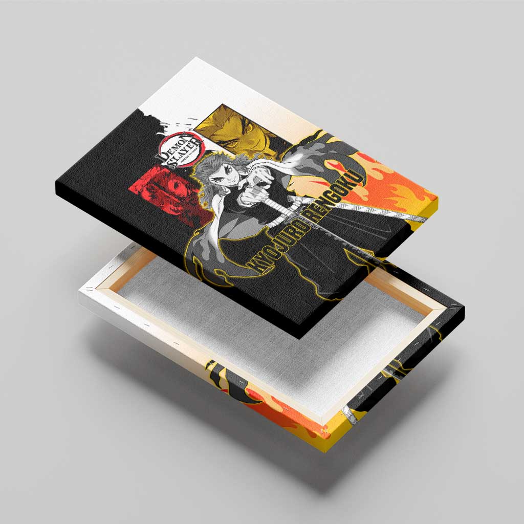 Kyojuro Rengoku from Demon Slayer Canvas Wall Art with Black and White Split Design and Fiery Manga Panel Background - The Mazicc