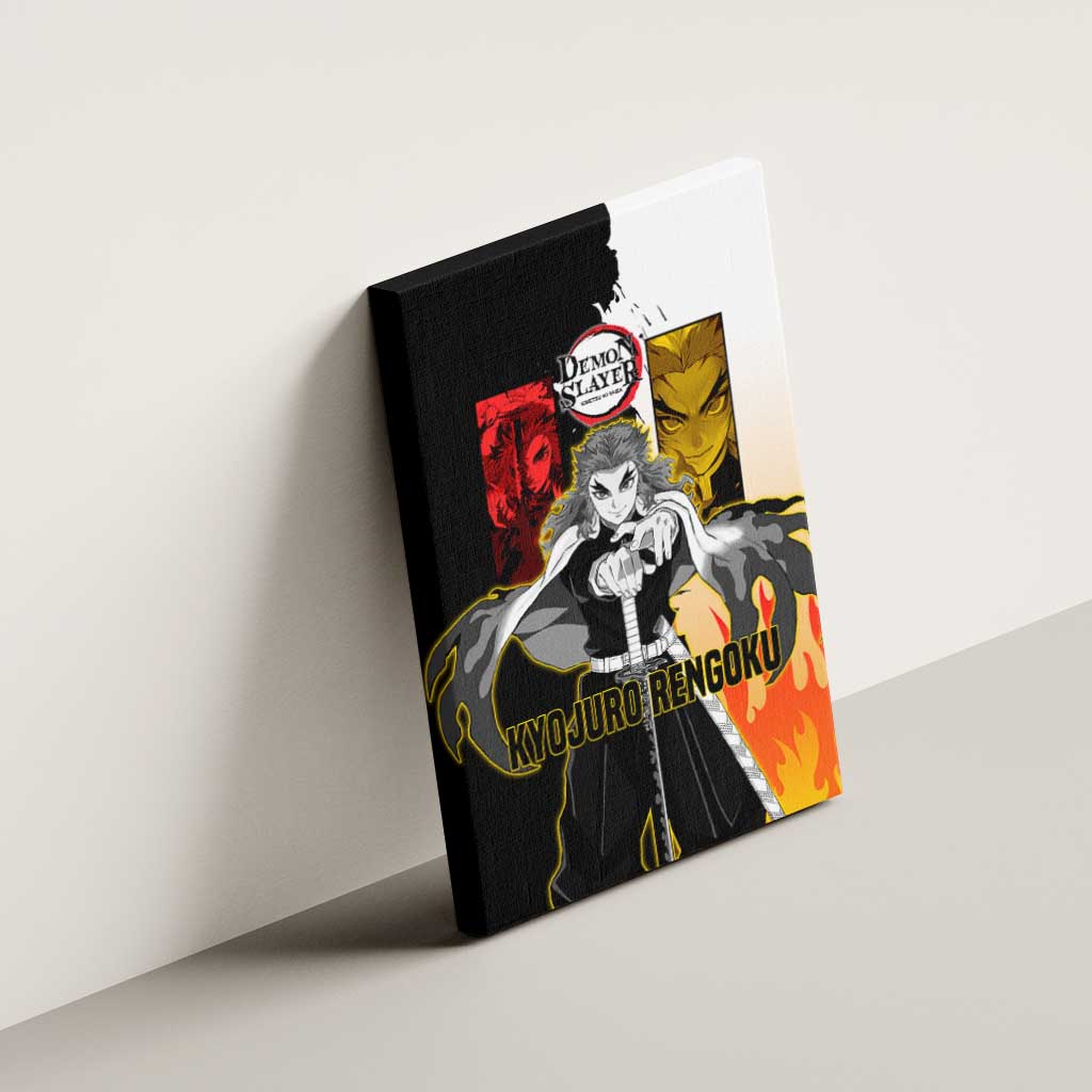 Kyojuro Rengoku from Demon Slayer Canvas Wall Art with Black and White Split Design and Fiery Manga Panel Background - The Mazicc