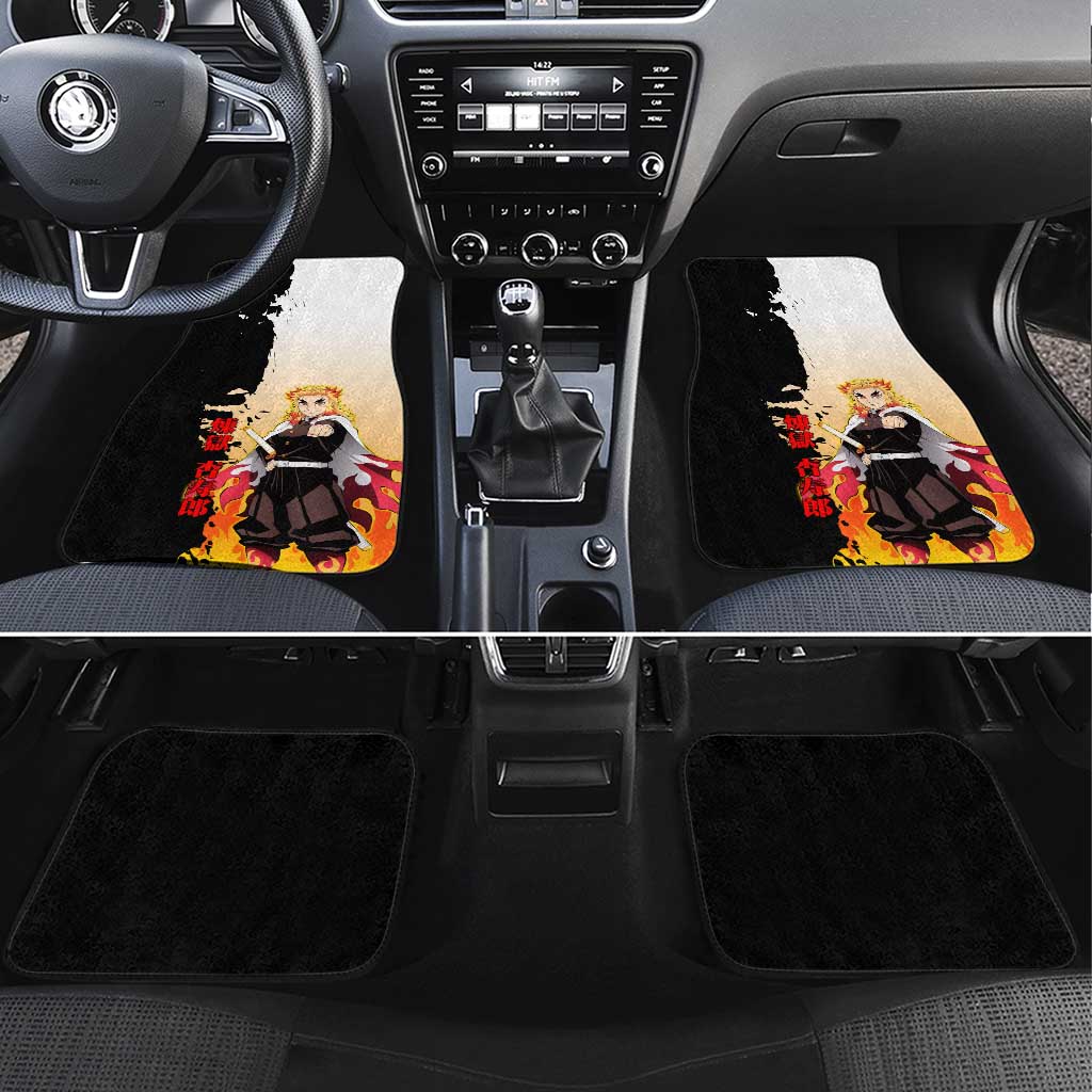 Kyojuro Rengoku from Demon Slayer Car Mats with Black and White Split Design and Fiery Manga Panel Background - The Mazicc
