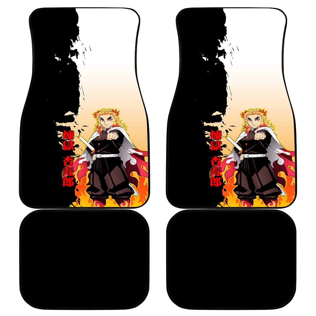 Kyojuro Rengoku from Demon Slayer Car Mats with Black and White Split Design and Fiery Manga Panel Background - The Mazicc