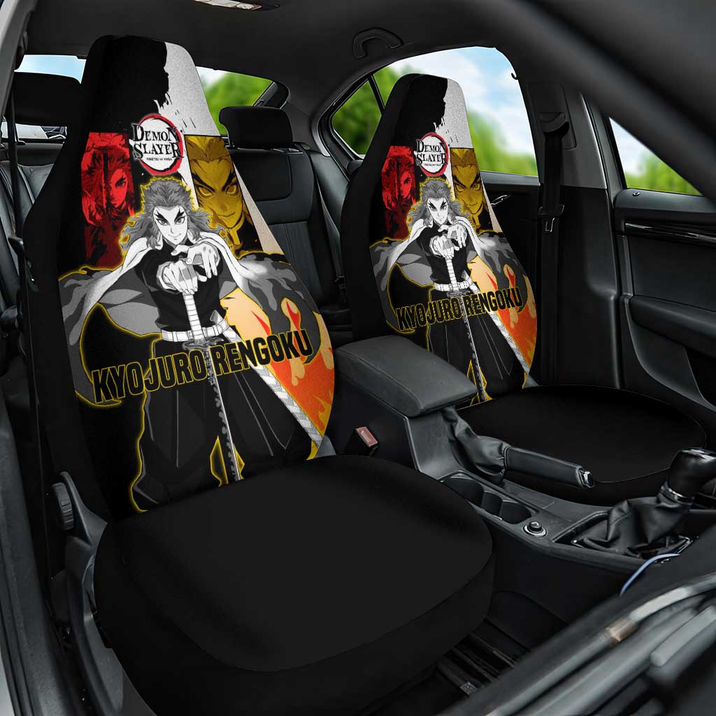 Kyojuro Rengoku from Demon Slayer Car Seat Cover with Black and White Split Design and Fiery Manga Panel Background - The Mazicc