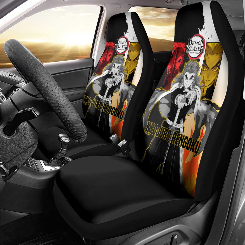 Kyojuro Rengoku from Demon Slayer Car Seat Cover with Black and White Split Design and Fiery Manga Panel Background - The Mazicc