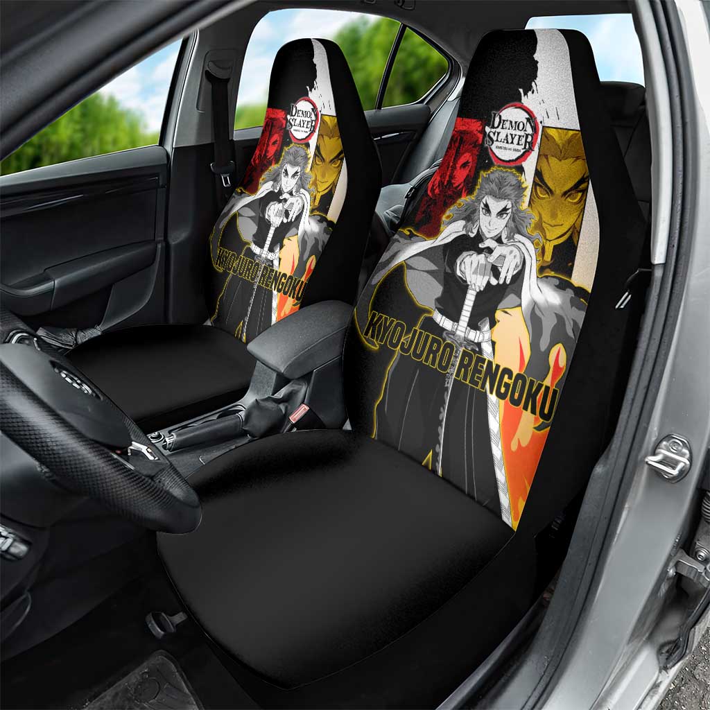 Kyojuro Rengoku from Demon Slayer Car Seat Cover with Black and White Split Design and Fiery Manga Panel Background - The Mazicc