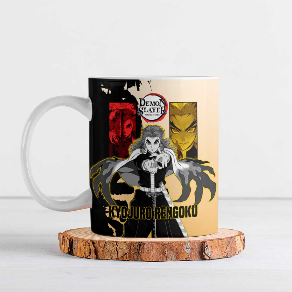 Kyojuro Rengoku from Demon Slayer Ceramic Mug with Black and White Split Design and Fiery Manga Panel Background - The Mazicc