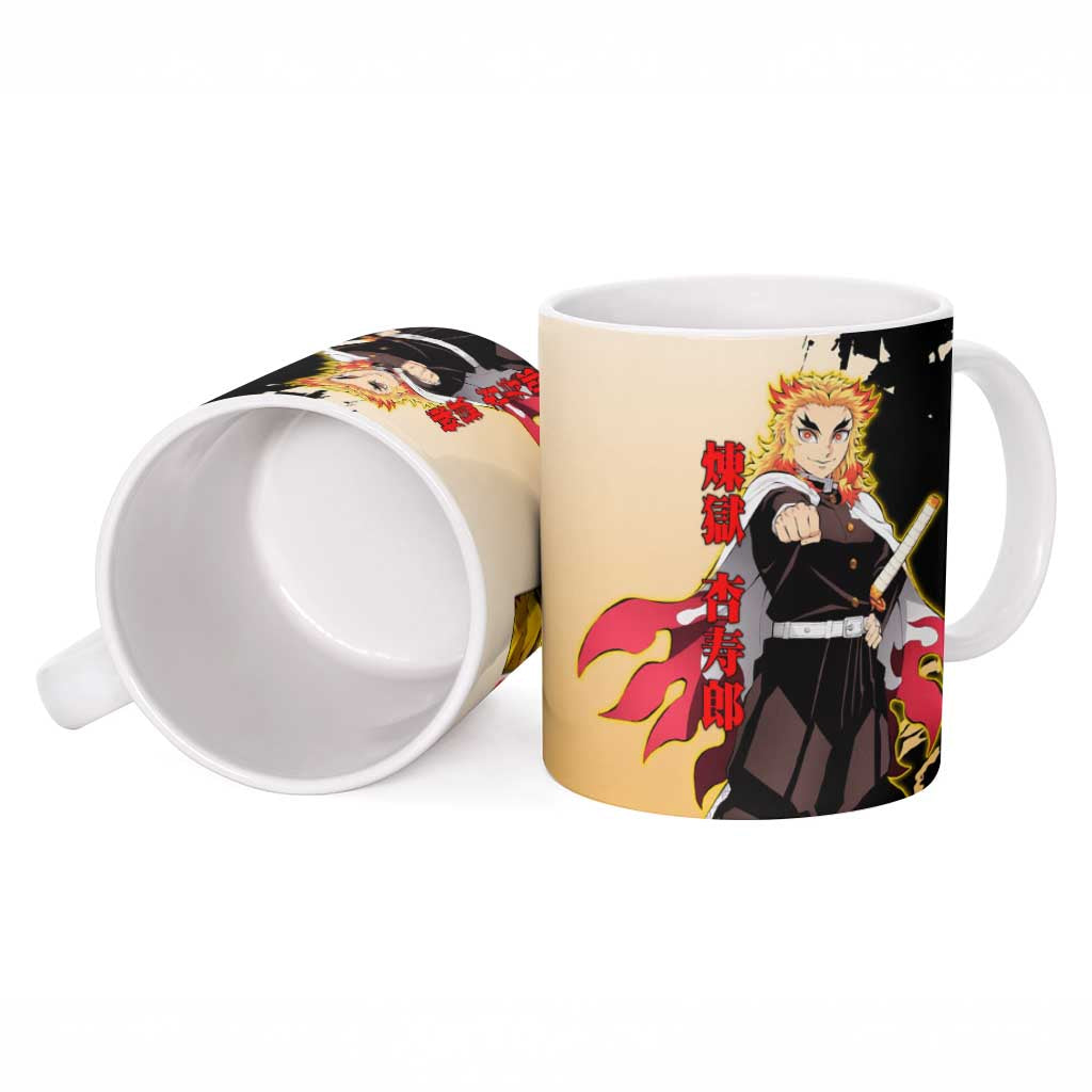 Kyojuro Rengoku from Demon Slayer Ceramic Mug with Black and White Split Design and Fiery Manga Panel Background - The Mazicc