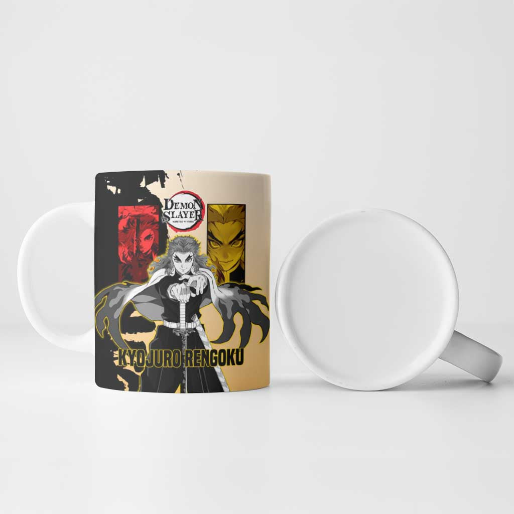 Kyojuro Rengoku from Demon Slayer Ceramic Mug with Black and White Split Design and Fiery Manga Panel Background - The Mazicc