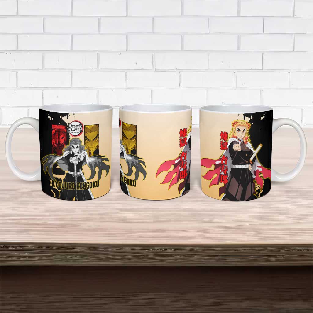 Kyojuro Rengoku from Demon Slayer Ceramic Mug with Black and White Split Design and Fiery Manga Panel Background - The Mazicc
