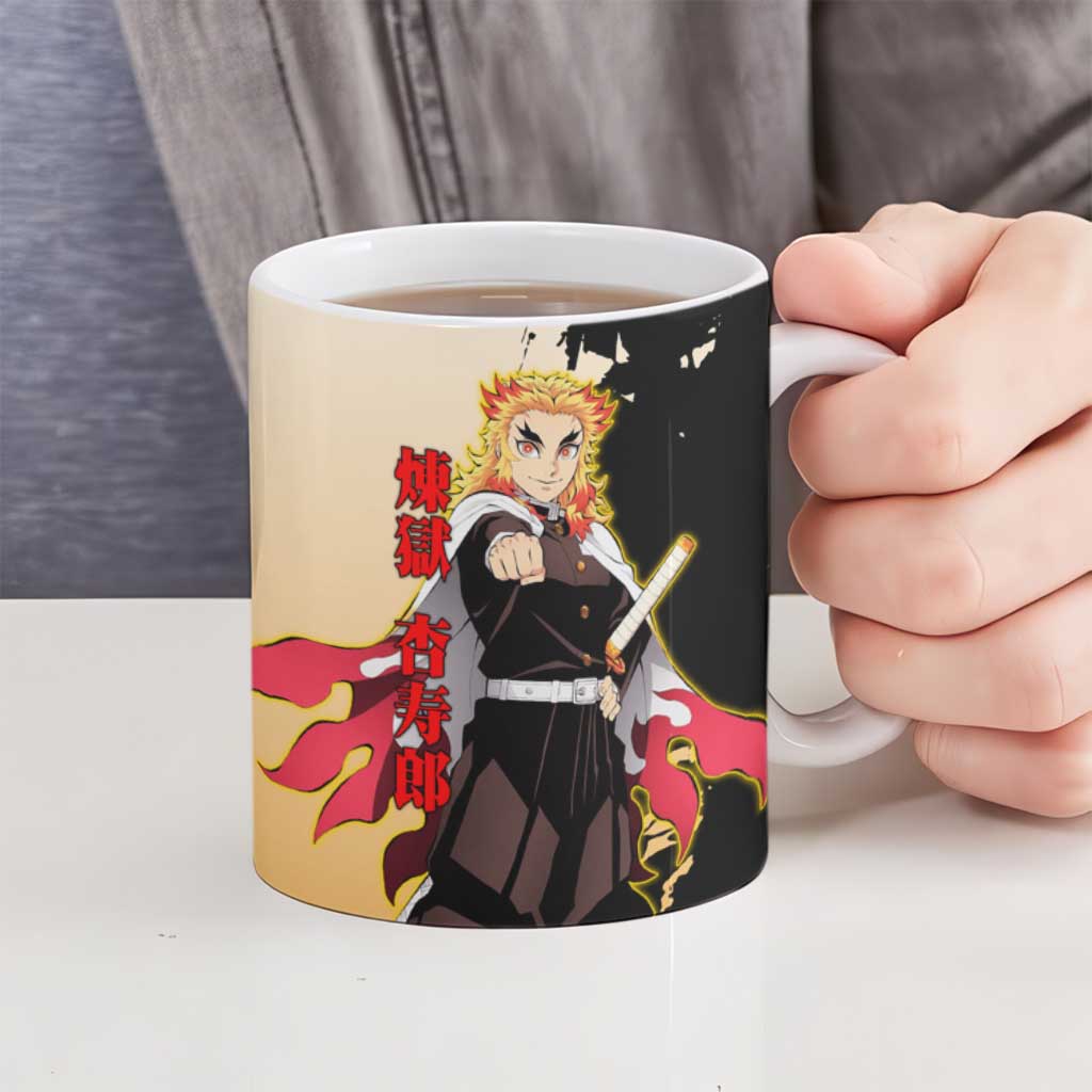 Kyojuro Rengoku from Demon Slayer Ceramic Mug with Black and White Split Design and Fiery Manga Panel Background - The Mazicc