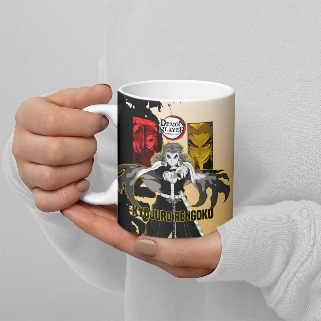 Kyojuro Rengoku from Demon Slayer Ceramic Mug with Black and White Split Design and Fiery Manga Panel Background - The Mazicc