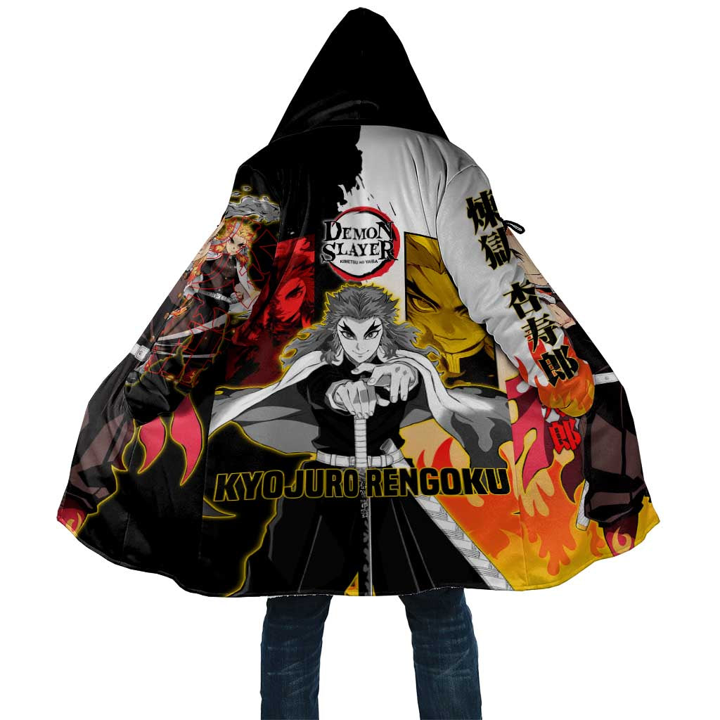 Kyojuro Rengoku from Demon Slayer Cloak with Black and White Split Design and Fiery Manga Panel Background - The Mazicc