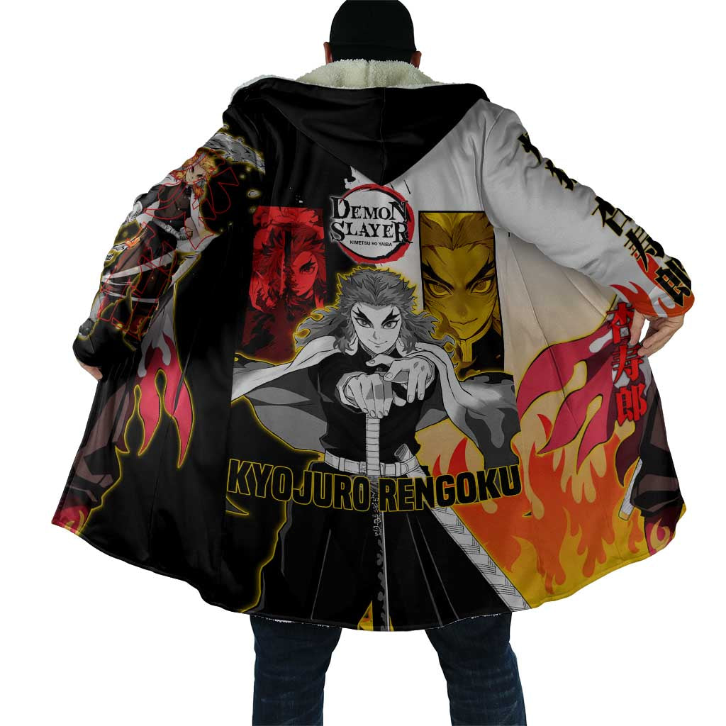 Kyojuro Rengoku from Demon Slayer Cloak with Black and White Split Design and Fiery Manga Panel Background - The Mazicc