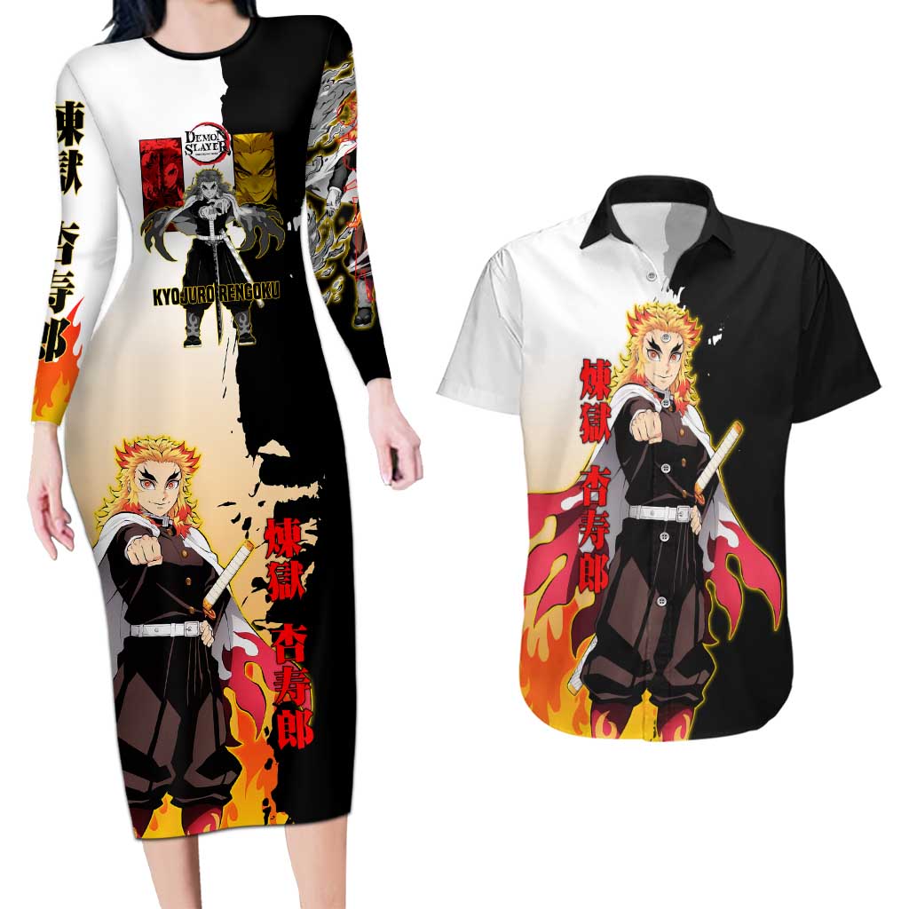 Kyojuro Rengoku from Demon Slayer Couples Matching Long Sleeve Bodycon Dress and Hawaiian Shirt with Black and White Split Design and Fiery Manga Panel Background - The Mazicc