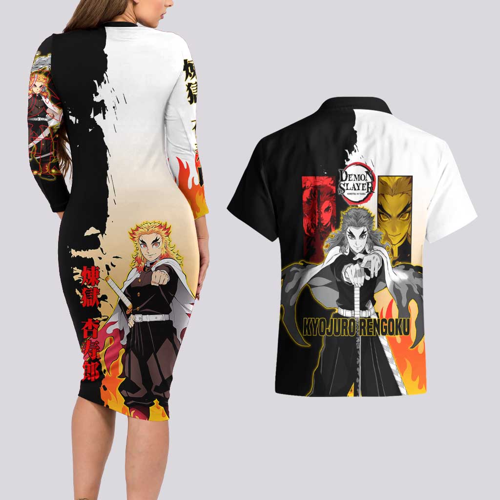 Kyojuro Rengoku from Demon Slayer Couples Matching Long Sleeve Bodycon Dress and Hawaiian Shirt with Black and White Split Design and Fiery Manga Panel Background - The Mazicc