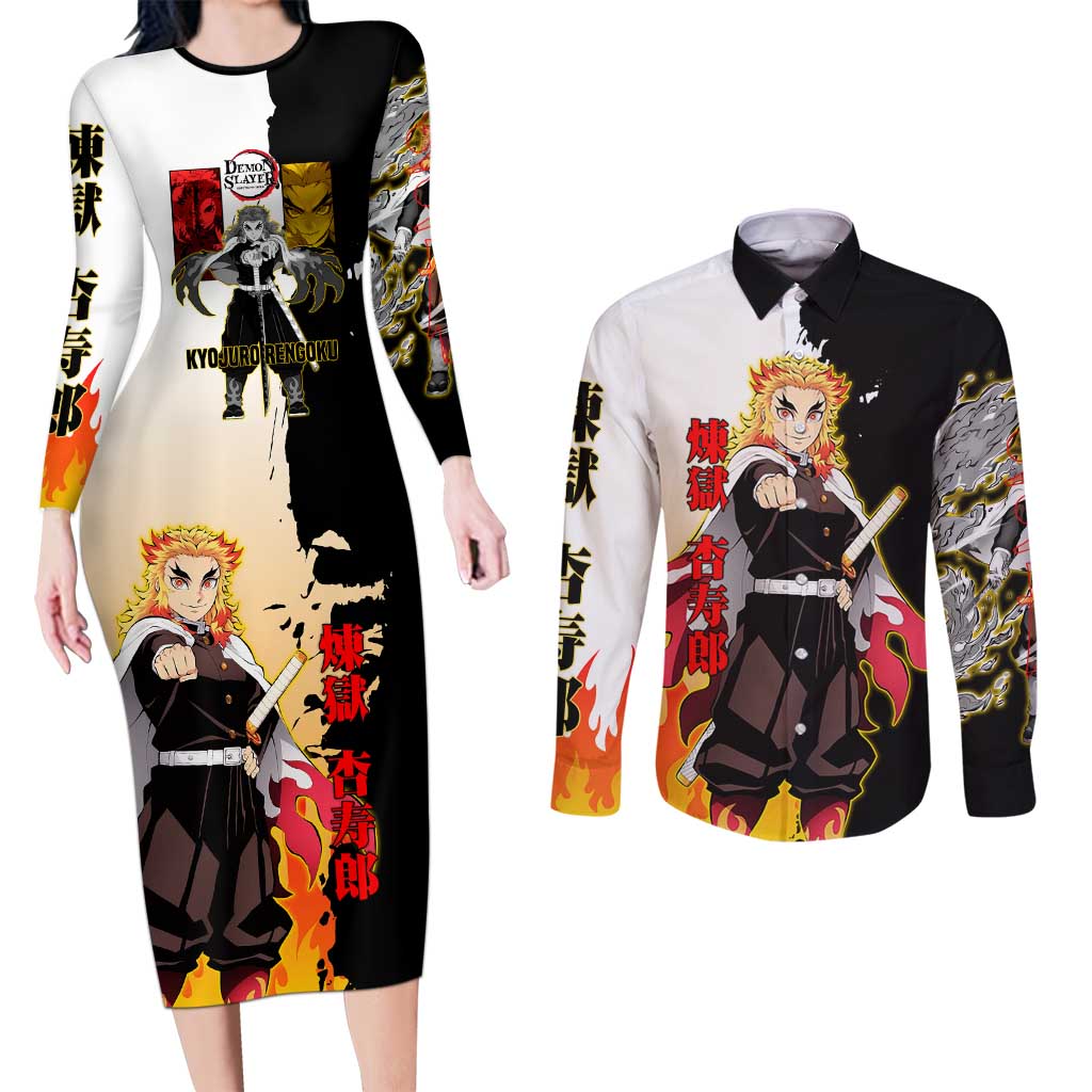 Kyojuro Rengoku from Demon Slayer Couples Matching Long Sleeve Bodycon Dress and Long Sleeve Button Shirt with Black and White Split Design and Fiery Manga Panel Background - The Mazicc