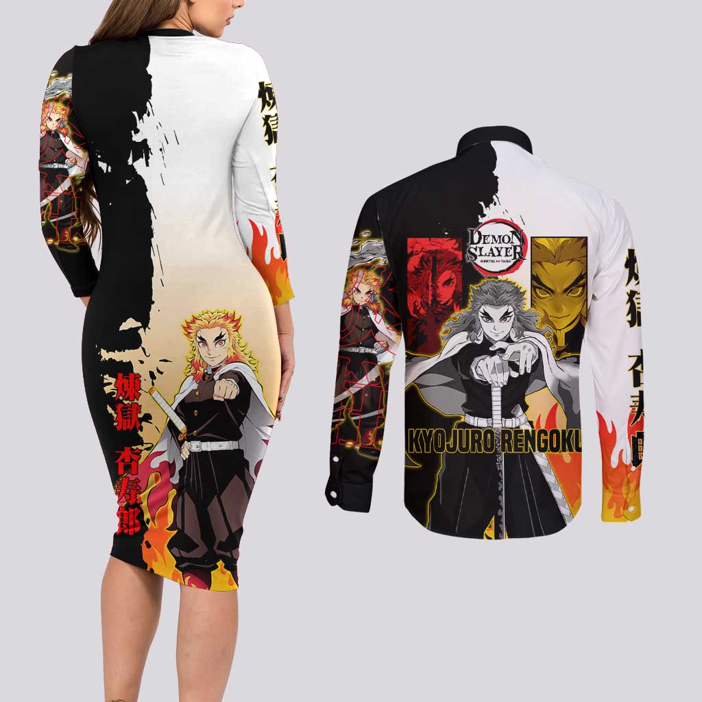 Kyojuro Rengoku from Demon Slayer Couples Matching Long Sleeve Bodycon Dress and Long Sleeve Button Shirt with Black and White Split Design and Fiery Manga Panel Background - The Mazicc
