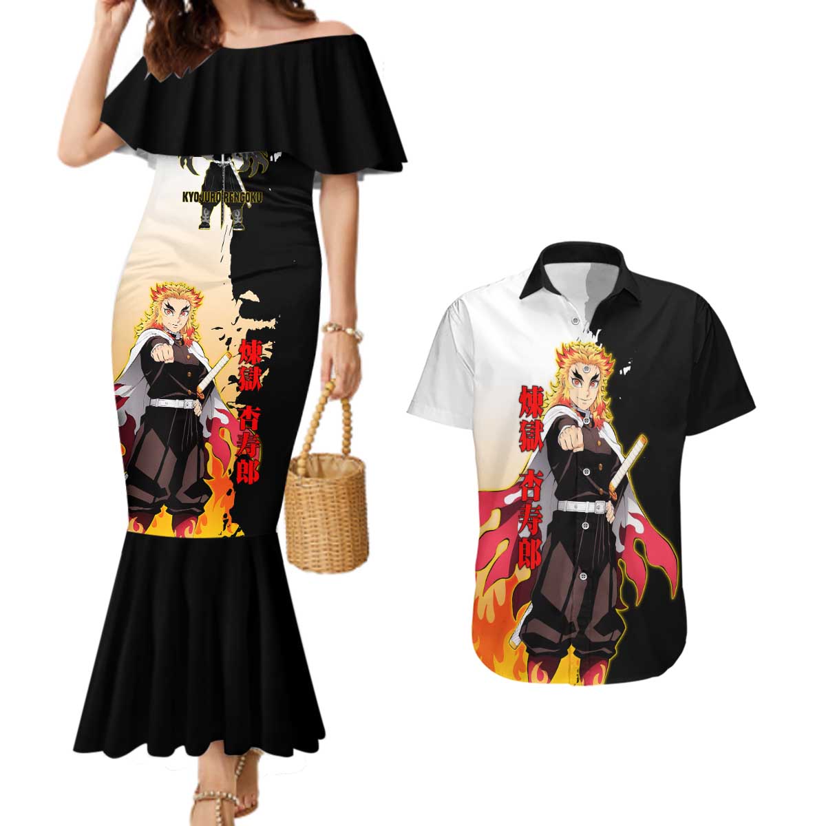 Kyojuro Rengoku from Demon Slayer Couples Matching Mermaid Dress and Hawaiian Shirt with Black and White Split Design and Fiery Manga Panel Background - The Mazicc