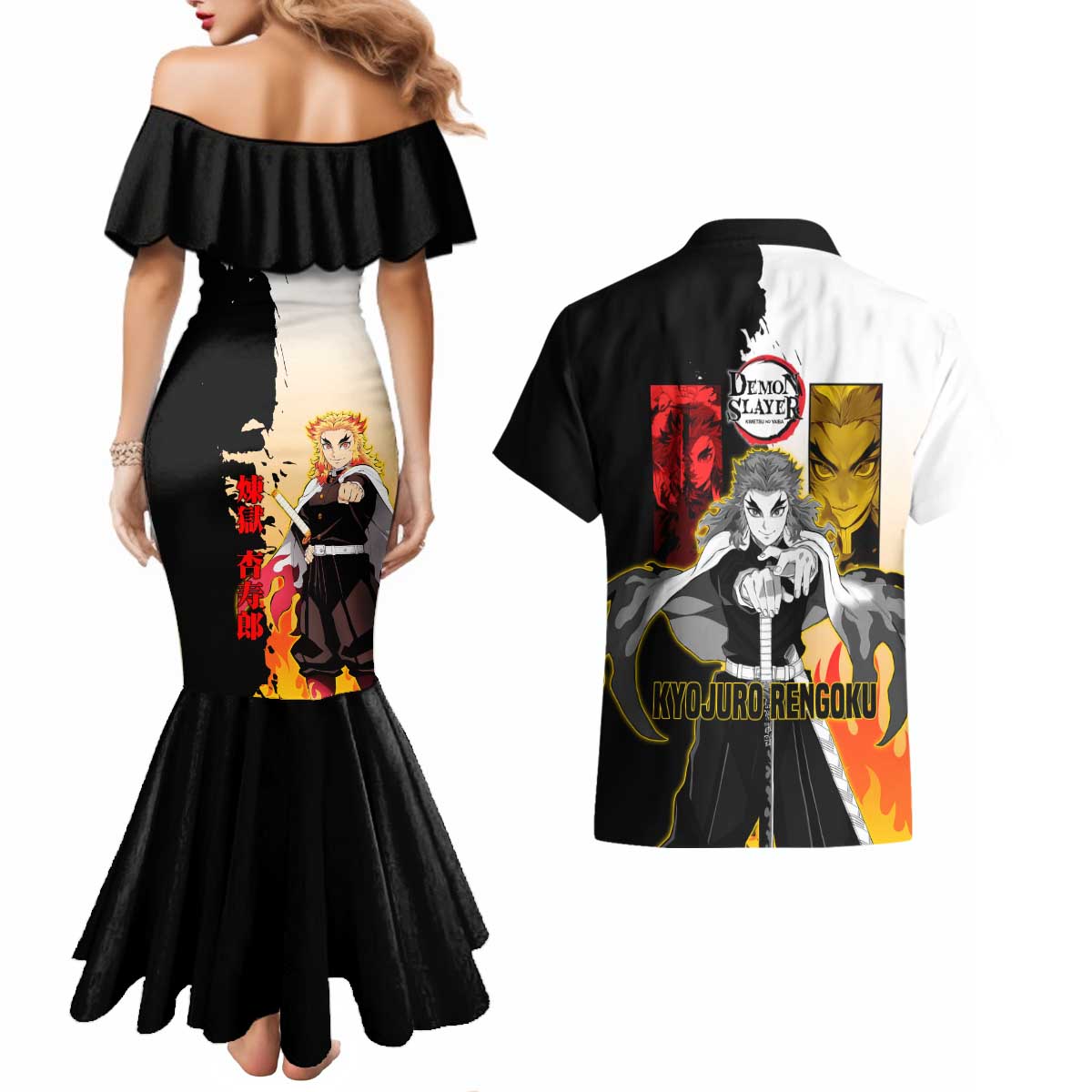 Kyojuro Rengoku from Demon Slayer Couples Matching Mermaid Dress and Hawaiian Shirt with Black and White Split Design and Fiery Manga Panel Background - The Mazicc