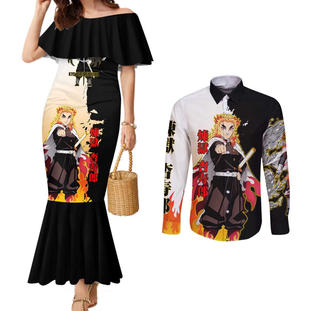 Kyojuro Rengoku from Demon Slayer Couples Matching Mermaid Dress and Long Sleeve Button Shirt with Black and White Split Design and Fiery Manga Panel Background - The Mazicc