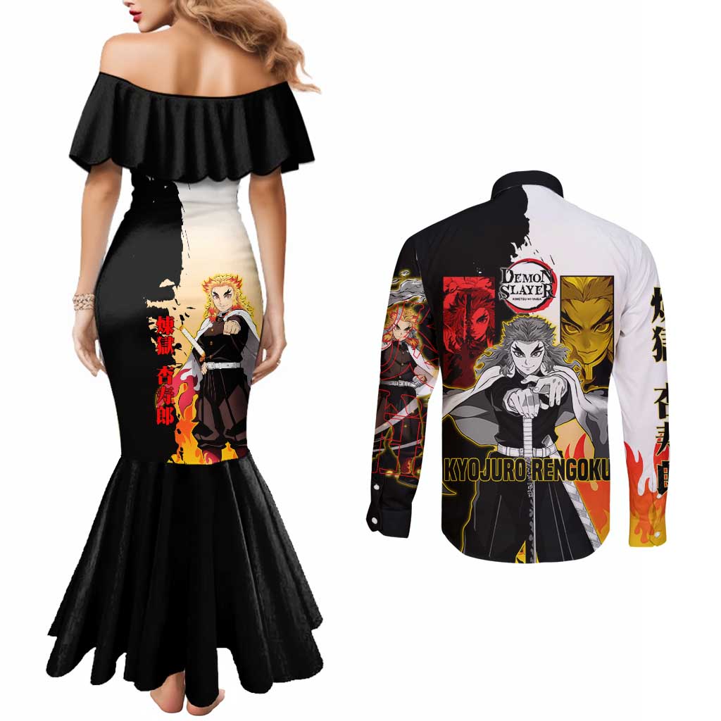 Kyojuro Rengoku from Demon Slayer Couples Matching Mermaid Dress and Long Sleeve Button Shirt with Black and White Split Design and Fiery Manga Panel Background - The Mazicc